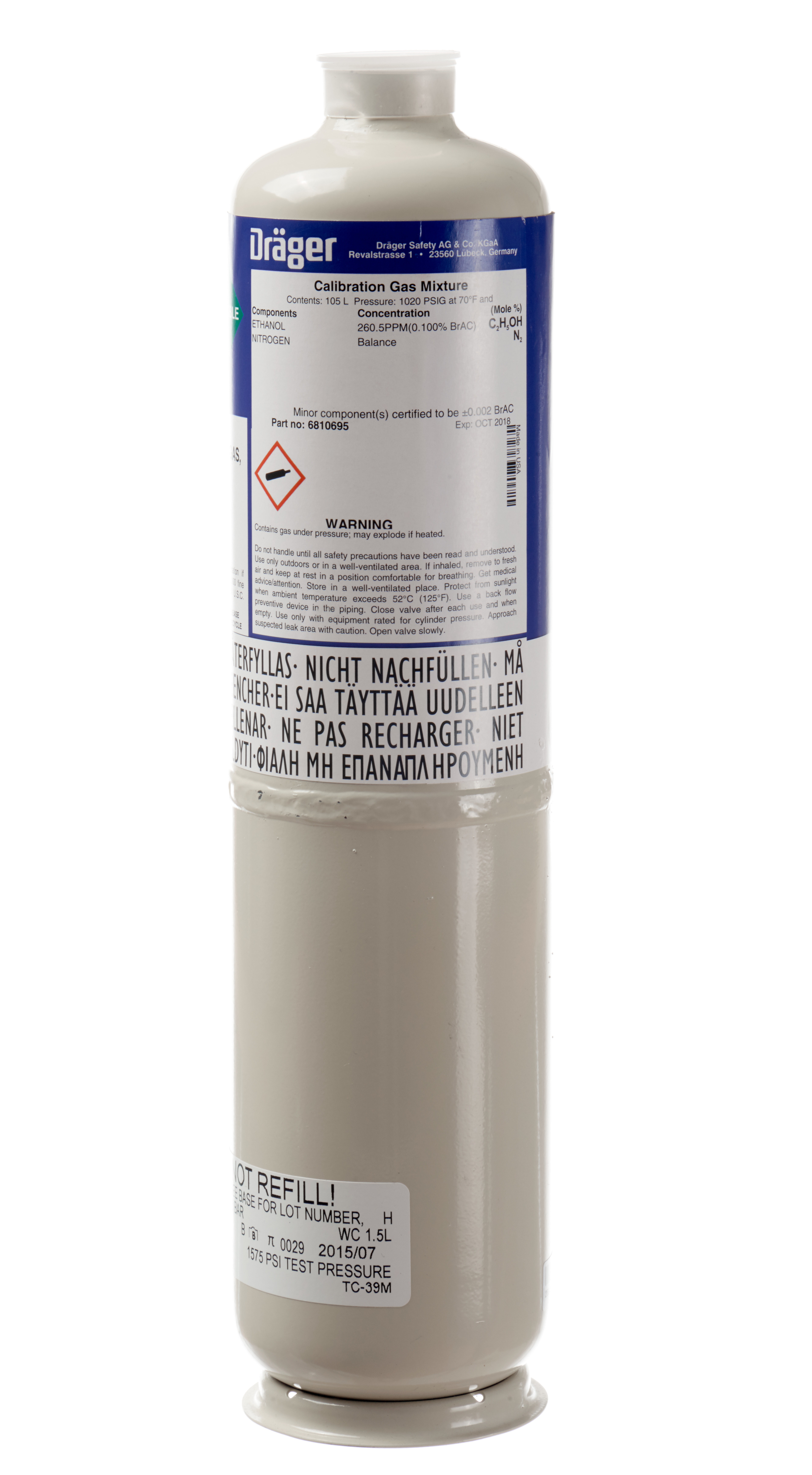 test gas103L,260.5ppmC2H5OH/N2